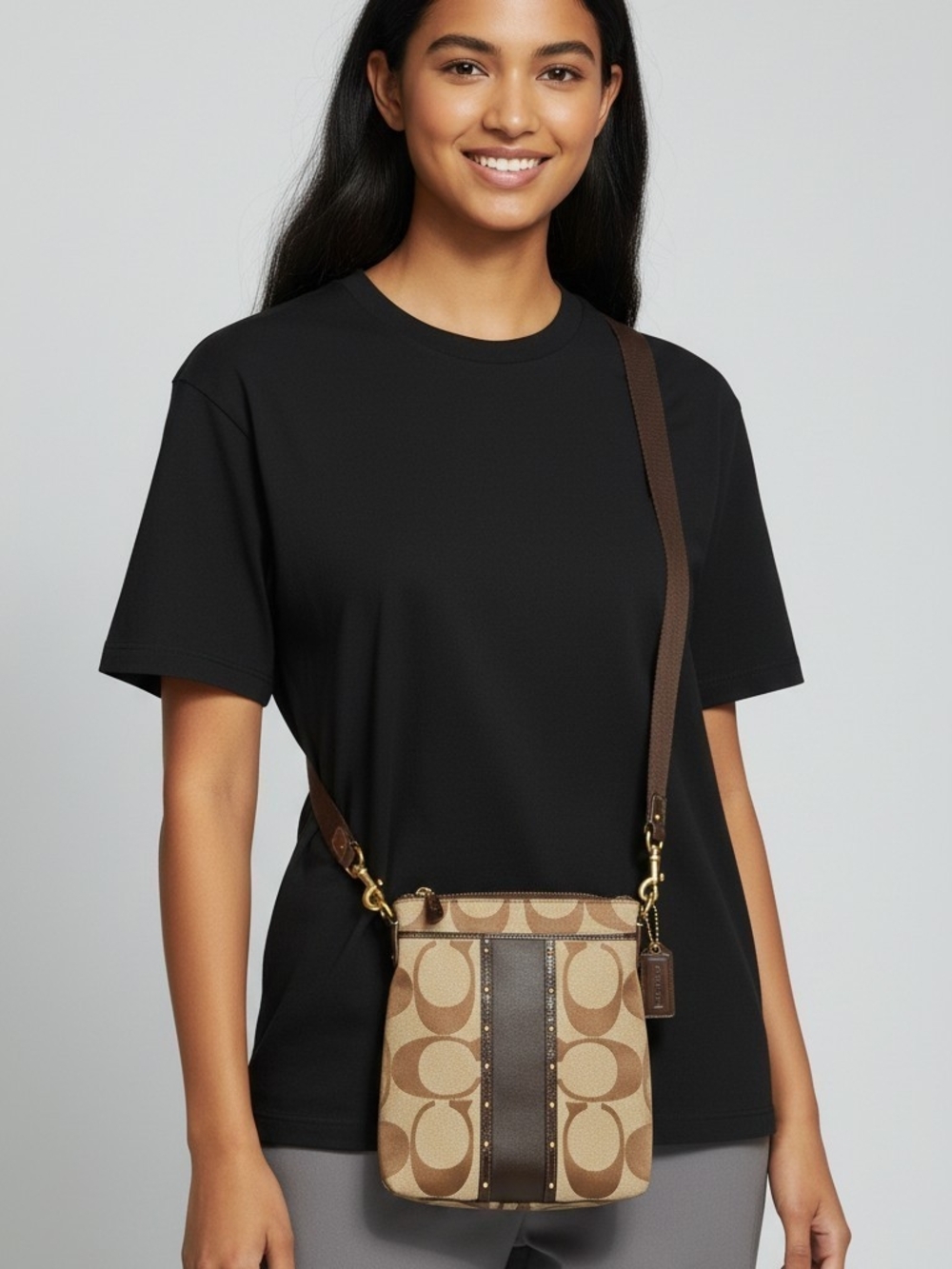 Coach Signature Studded Sateen Stripe Swingpack Crossbody